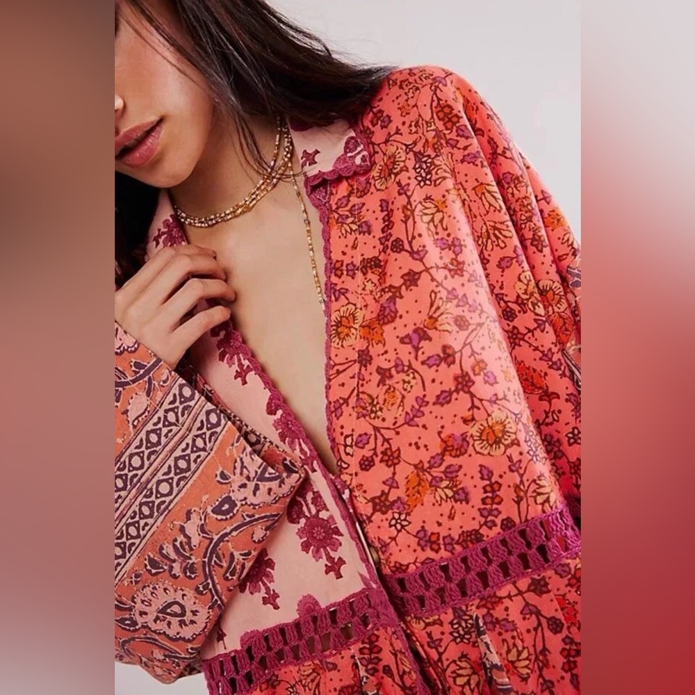FP Free People Mini Dress Tunic Hazy Baby Printed Crochet S - Picture 7 of 11